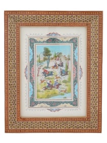 PERSIAN MINIATURE PAINTING ON NATURAL PANEL FRAMED