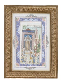 PERSIAN MINIATURE PAINTING ON NATURAL PANEL FRAMED