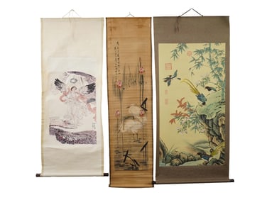 GROUP OF THREE VINTAGE CHINESE SCROLL PAINTINGS