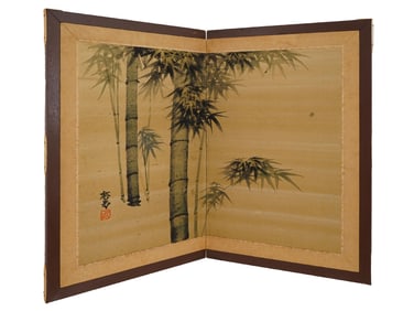 ANTIQUE JAPANESE TWO PANEL FOLDING PAINTING SCREEN