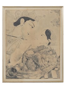 MODERNIST INDIAN COUPLE PENCIL PAINTING FRAMED