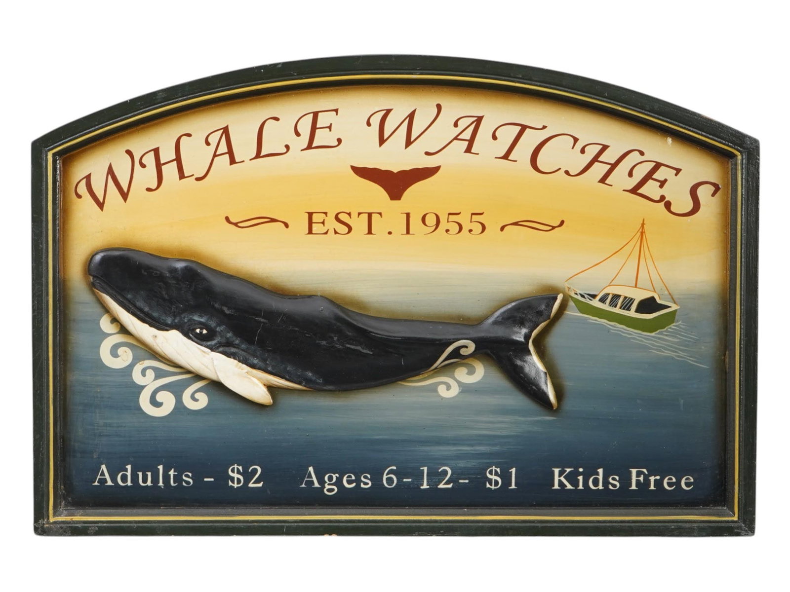 VINTAGE WHALE WATCHES HAND PAINTED SIGN FRAMED: A vintage hand-painted wooden sign. The plaque features a relief whale and inscription Whale Watches, Est. 1955, with costs underneath. Framed. Collectible Street Signs And Ads, Wall Decor, Nautical M