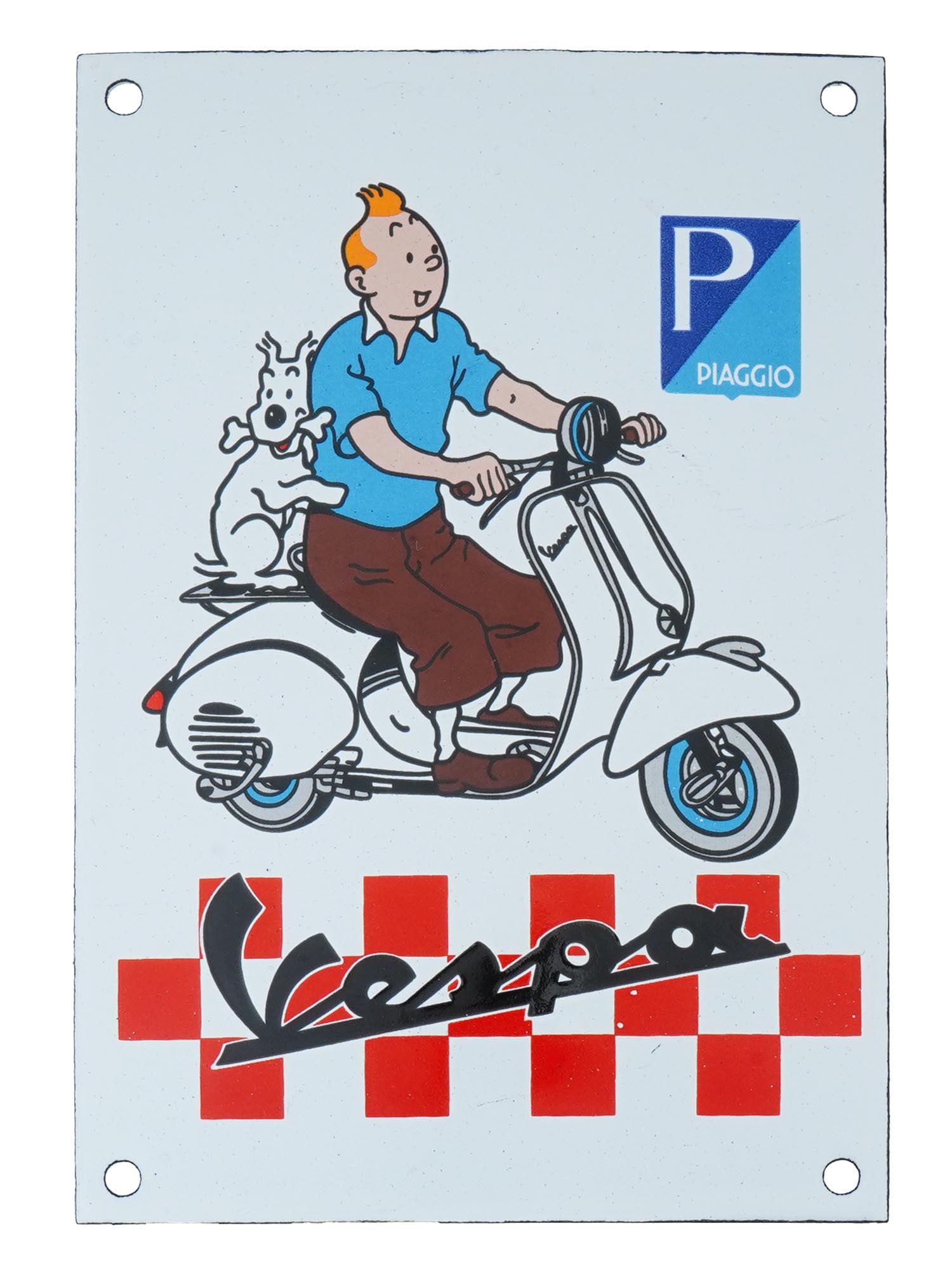 VINTAGE VESPA PIAGGIO TINTIN ENAMEL SIGN: A vintage enamel plaque depicting Tintin and his dog Snowy ona Vespa Piaggio scooter with Vespa logo. Tintin is the titular protagonist of The Adventures of Tintin, the comic series by Belgian cartoon