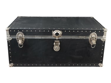 LARGE VINTAGE BLACK LEATHER TRAVEL TRUCK WITH HANDLES