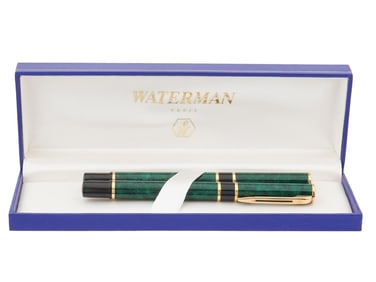 TWO VINTAGE FRENCH GREEN MARBLE PENS BY WATERMAN