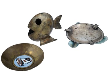 VTG COPPER FISH FIGURE WITH COPPER AND SILVER ASHTRAYS
