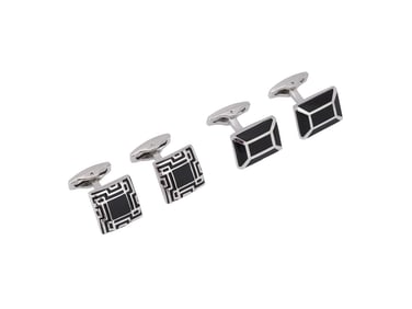 LOT OF ART DECO MANNER BLACK ENAMEL SILVER CUFF LINKS