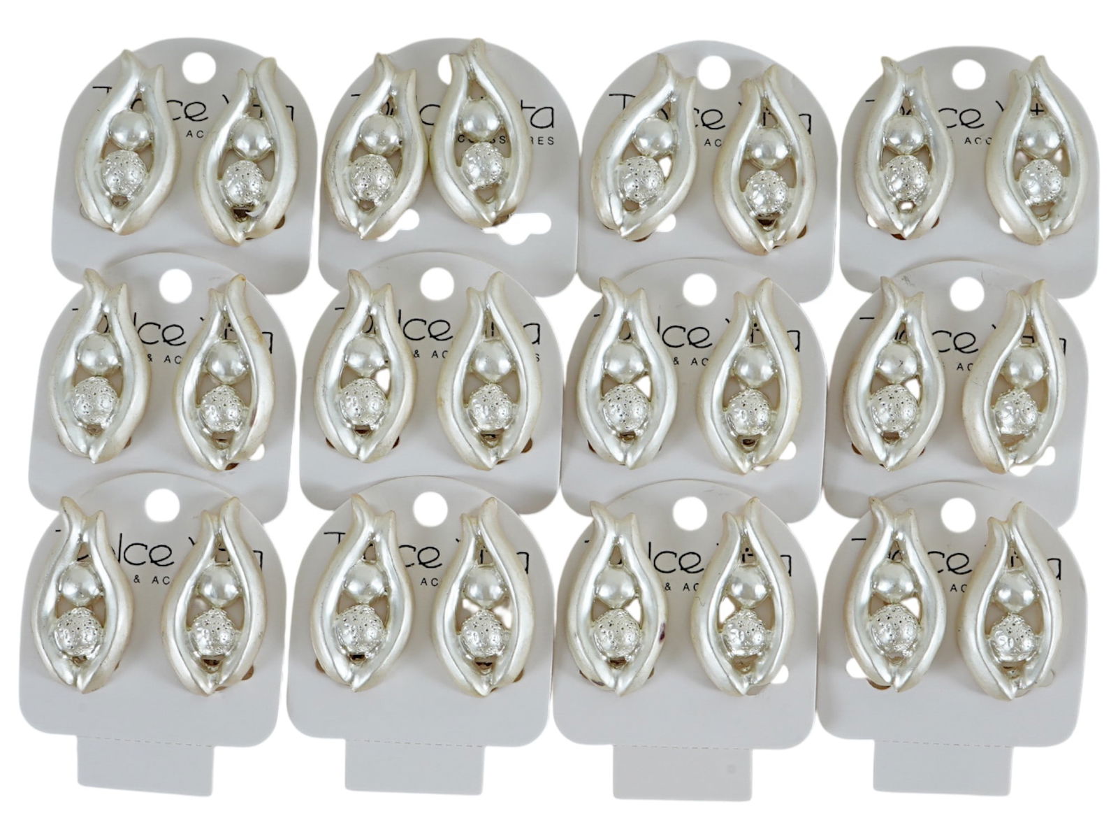 LOT OF 12 FRENCH DOLCE VITA COSTUME JEWELRY CLIP EARRINGS: A collection of twelve pairs of vintage French Dolce Vita Paris costume jewelry clip earrings. Presumably made in the 1980s. The silver tone earrings are made in a fish design and decorated with two b