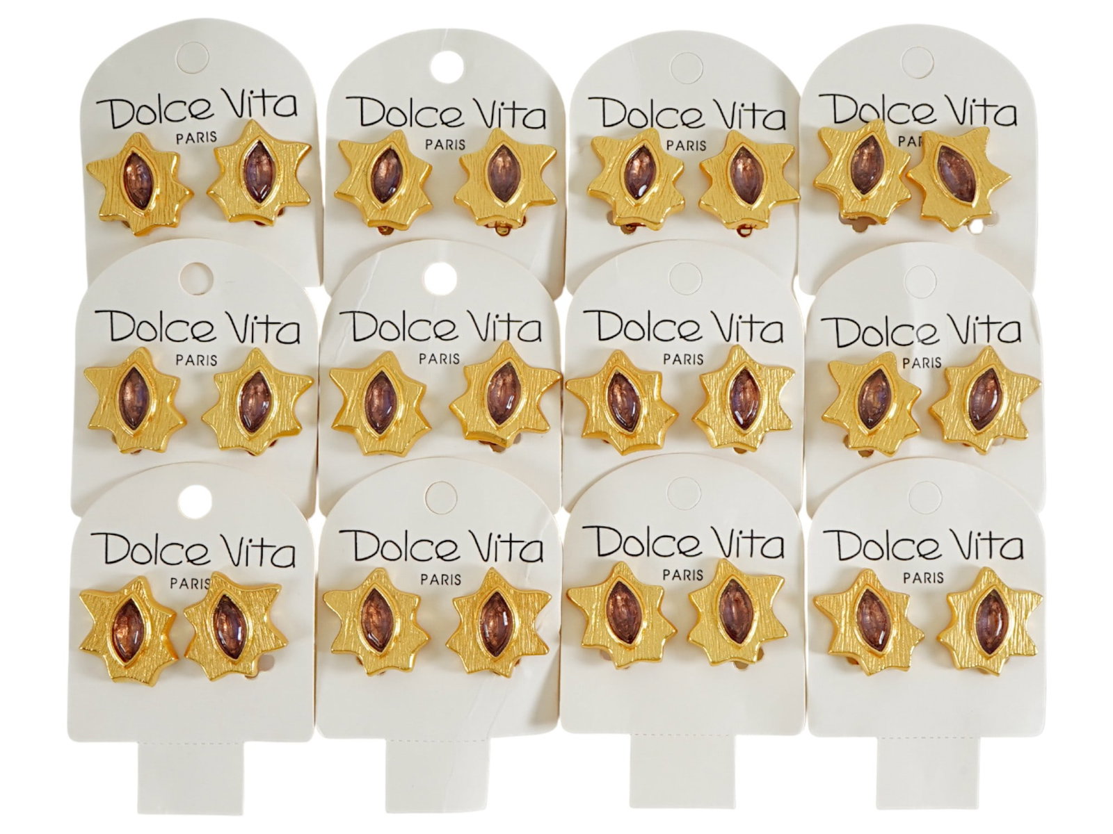 LOT OF 12 FRENCH DOLCE VITA COSTUME JEWELRY CLIP EARRINGS: A collection of twelve pairs of vintage French Dolce Vita Paris costume jewelry clip earrings. Presumably made in the 1980s. The gold tone earrings are made in an abstract design and encrusted with a 