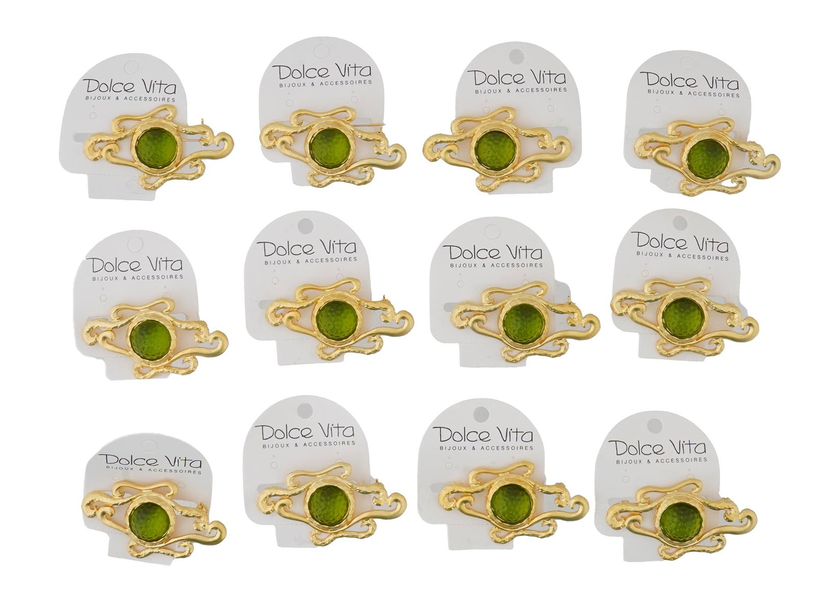 LOT OF 12 FRENCH DOLCE VITA COSTUME JEWELRY BROOCHES: A collection of twelve French Dolce Vita Paris costume jewelry brooches. Each ware is made in a figural design, probably representing an eye made in the Art Nouveau manner and decorated with a green f