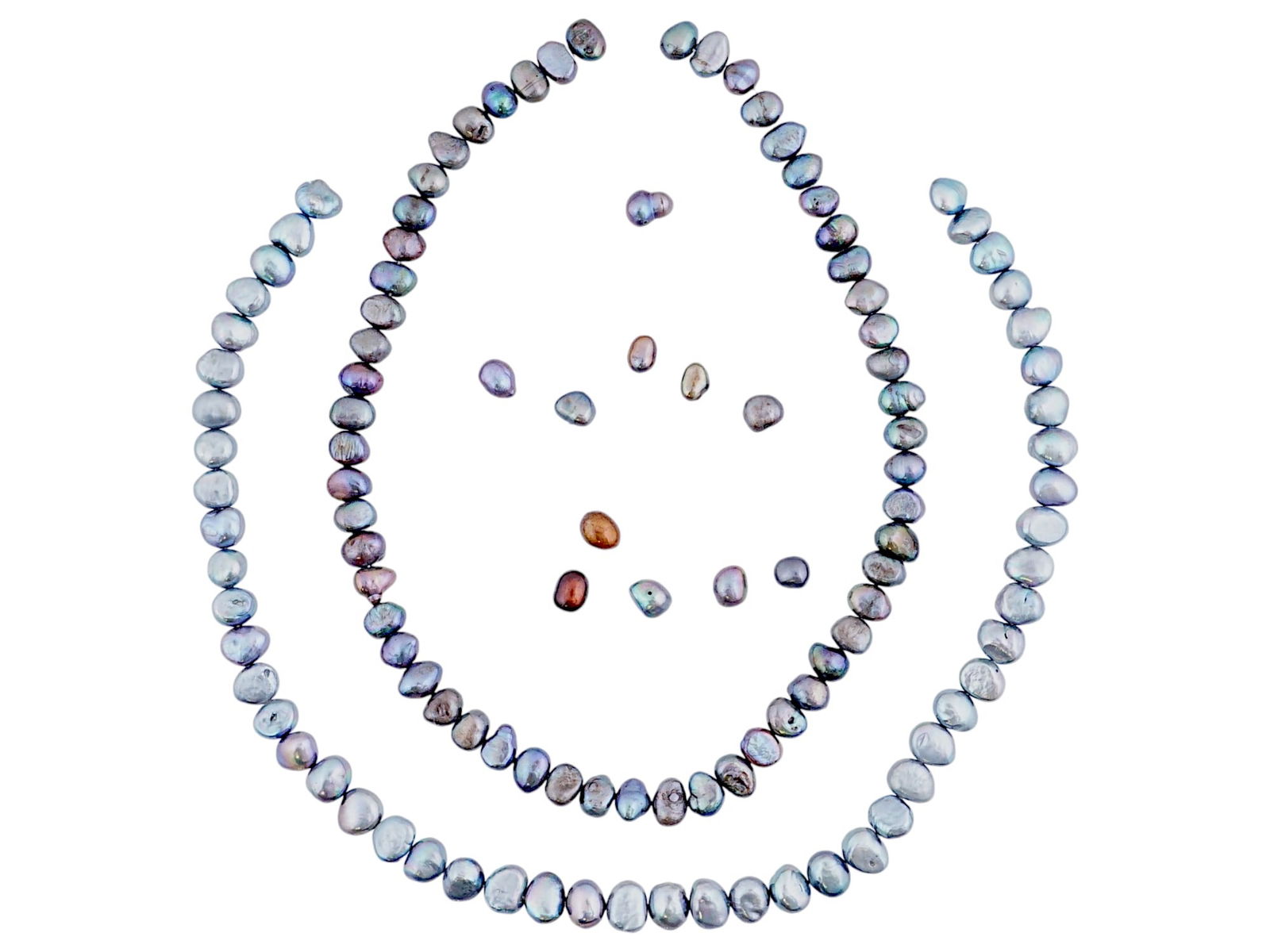 COLLECTION OF BAROQUE PEARLS STRUNG INTO NECKLACES: A collection of baroque pearls. The lot features two strands of iridescent, grayish blue pearls. The pearls are irregular in shape, characteristic of baroque pearls. With a cluster of loose pearls, in