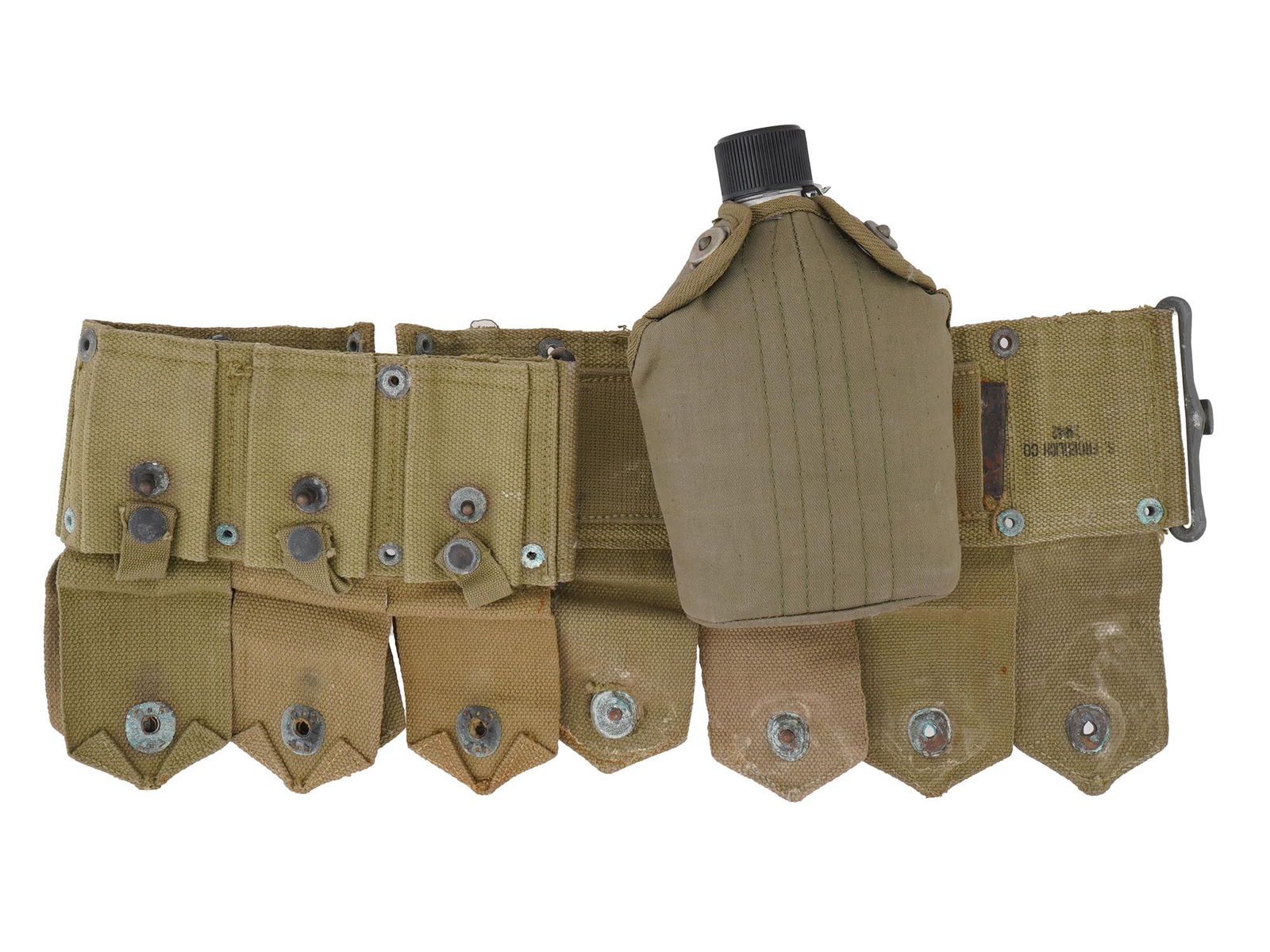 VINTAGE US MILITARY WEB BELT WITH POUCHES AND FLASK: A vintage United States military web belt, designed with integrated pouches for ammunition and a metal flask in a bag. Constructed of durable khaki canvas with metal hardware. Dating to the mid-20th c