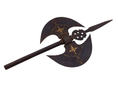 ANTIQUE PERSIAN QAJAR DOUBLE HEADED AXE W GOLD INLAY