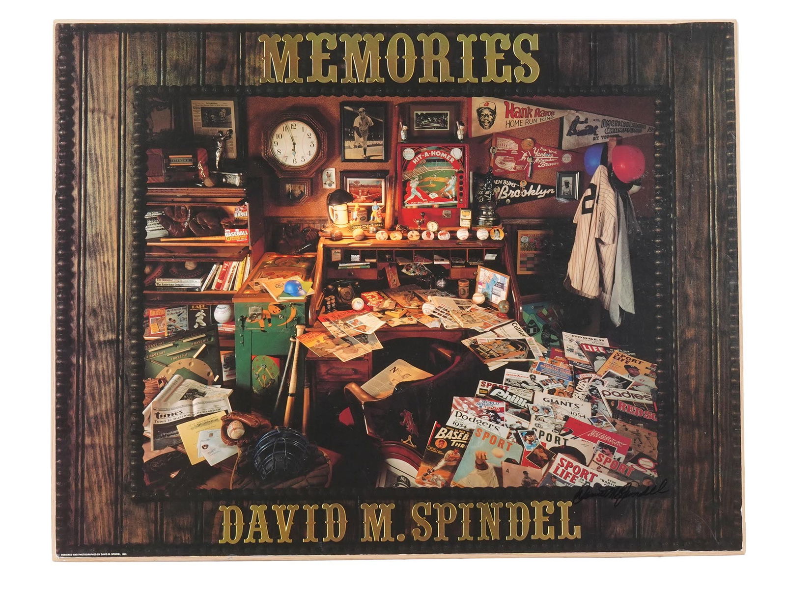 DAVID SPINDEL 1985 BASEBALL MEMORABILIA COLOR POSTER: David M. Spindel, American, born 1941, color offset print on paper. Photograph of a room filled with sport magazines, pennants, merch, and equipment, all related to baseball. Titled Memories. Dated 19