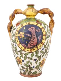 ITALIAN HAND PAINTED CERAMIC VASE W HANDLES SIGNED