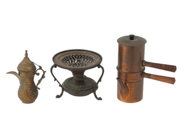 LOT OF VINTAGE ORIENTAL COFFEE POTS AND HEATER