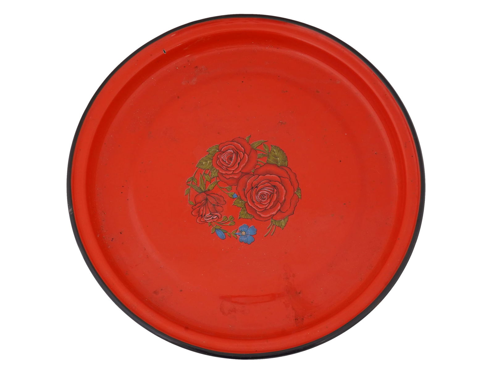 VINTAGE ROUND ENAMEL METAL TRAY WITH FLOWERS (1 of 5)