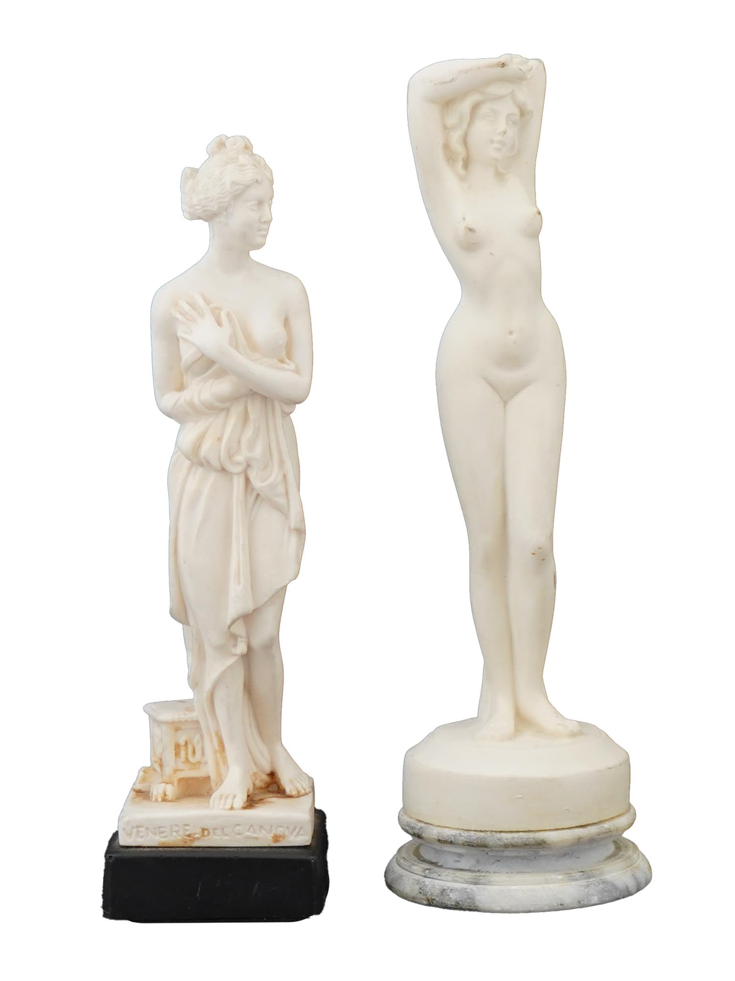 VINTAGE COMPOSITE NUDE FIGURINES VENUS ANTONIO CANOVA: Two vintage composite figurines, featuring a Venus Italica after Antonio Canova and a vintage nude female figure signed Italy on the base. Both pieces showcase classical style and fine detailing typic