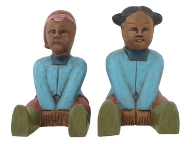 PAIR OF VINTAGE PAINTED HAND CARVED WOODEN ASIAN DOLLS