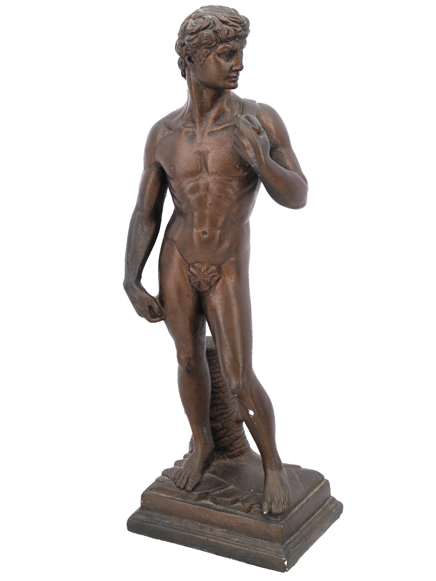 AFTER DAVID BY MICHELANGELO AUSTIN GYPSUM SCULPTURE: A vintage painted gypsum sculpture after David, Michelangelos iconic masterpiece of Italian Renaissance sculpture, originally created in marble between 1501 and 1504. Marked Austin Productions and dat