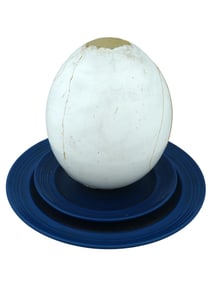 VINTAGE GLASS EGG SCULPTURE ON CERAMIC PLATE