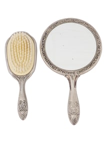 ANTIQUE VICTORIAN SILVER PLATED MIRROR AND HAIR BRUSH