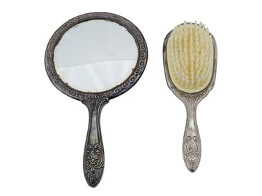 ANTIQUE VICTORIAN SILVER PLATED MIRROR AND HAIR BRUSH