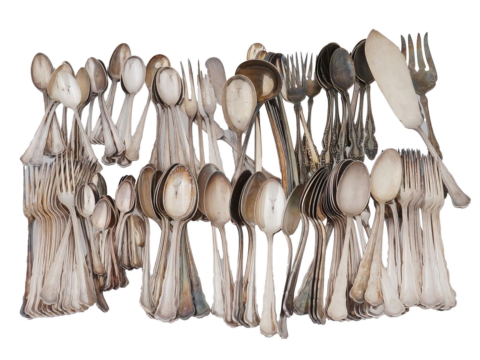 COLLECTION OF MARTIN ROSTFREI SILVER PLATE CUTLERY: A large lot of vintage silver-plated steel cutlery, including spoons, forks, dessert and meat carving flatware, butter spreads, and serveware. Some pieces have Martin Rostfrei marks on the handles. Co