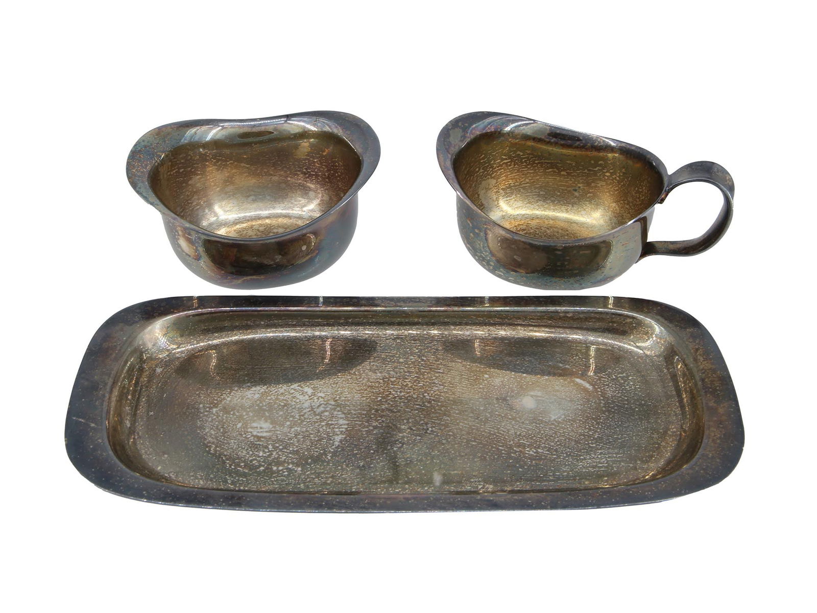 COHR DENMARK EPNS SILVER PLATED 3 PIECE SET: A vintage COHR Denmark EPNS silverplate creamer and open sugar bowl set with tray. All items are marked on the bottoms. Mid Century Danish Silverplate Cutlery And Serveware, Home Decor And Collectible