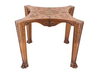 ANTQUE AMERICAN CARVED WOODEN TABLE W FLORAL DESIGN