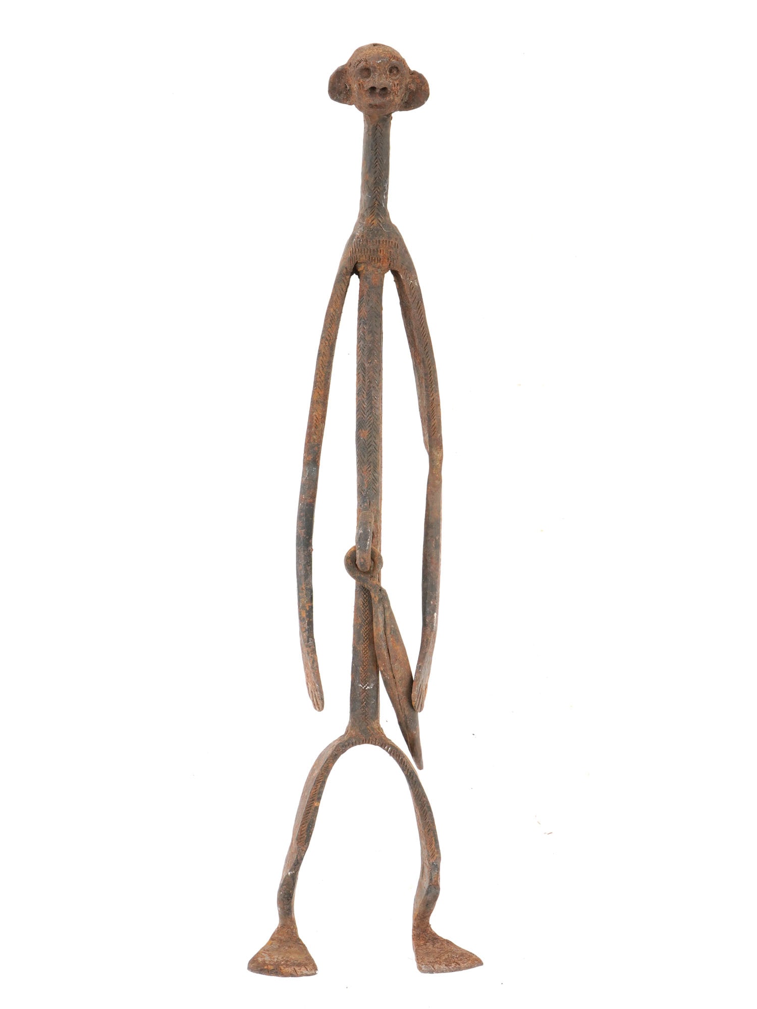 AFRICAN MUMUYE PEOPLE IRON IAGALAGANA RITUAL FIGURE: An African Nigerian, Mumuye People, featuring an Iron Iagalagana figure for ceremonial rituals. The figure is made of iron and has a tall, stylized, humanoid form. It has a small head with a textured 