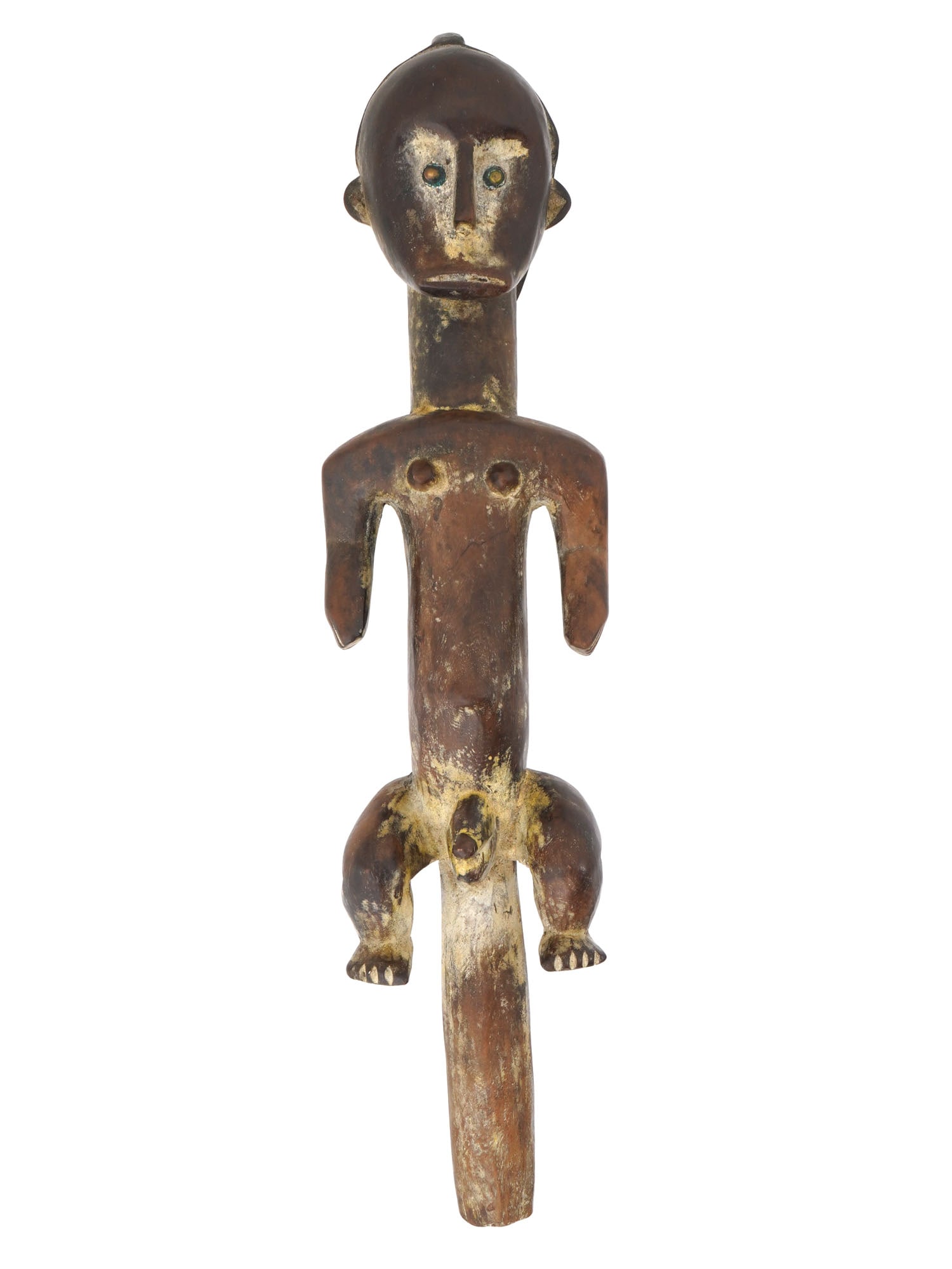CENTRAL AFRICA GABON FANG WOODEN BYERI FIGURINE: A Central African Fang people Byeri reliquary figure from Gabon. Represents a male sitting figure with exaggerated physical features. Reliquaries serve as containers for sacred objects and ancestral r