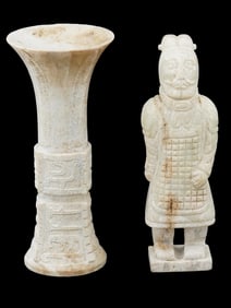 CHINESE HAND CARVED STONE VASE AND SOLDIER SCULPTURES