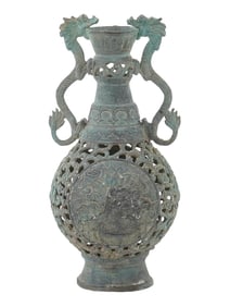 ANTIQUE CHINESE BRONZE VASE W DRAGON FIGURAL HANDLES