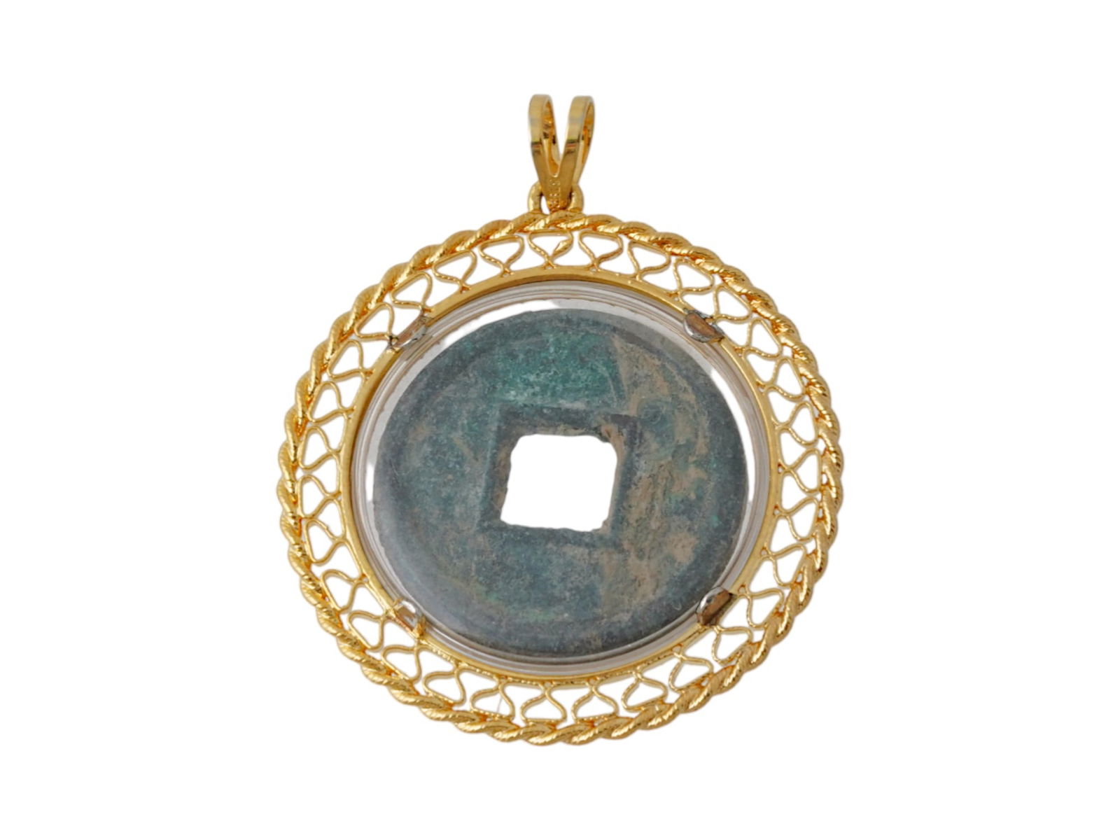 ANCIENT CHINESE BRONZE CASH COIN W VERMEIL PENDANT (1 of 4)