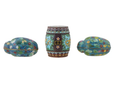 VINTAGE CHINESE ENAMEL BARREL AND SQUASH SHAPED BOXES
