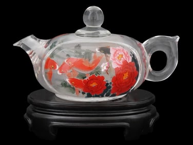 VINTAGE CHINESE LIDDED GLASS TEAPOT WITH INNER PAINTING