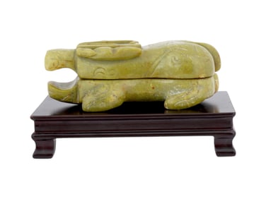 ANTIQUE CHINESE GREEN JADE INK WITH WOOD STAND