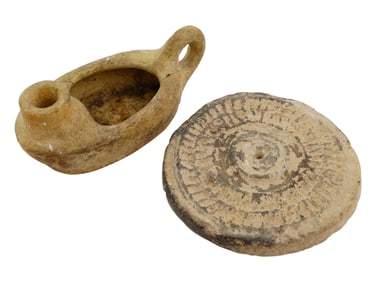 ANCIENT ISLAMIC OIL LAMP AND A CIRCULAR SEAL STAMP
