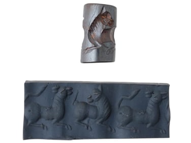 ANCIENT SUMERIAN  CARVED STONE CYLINDER SEAL W ANIMALS