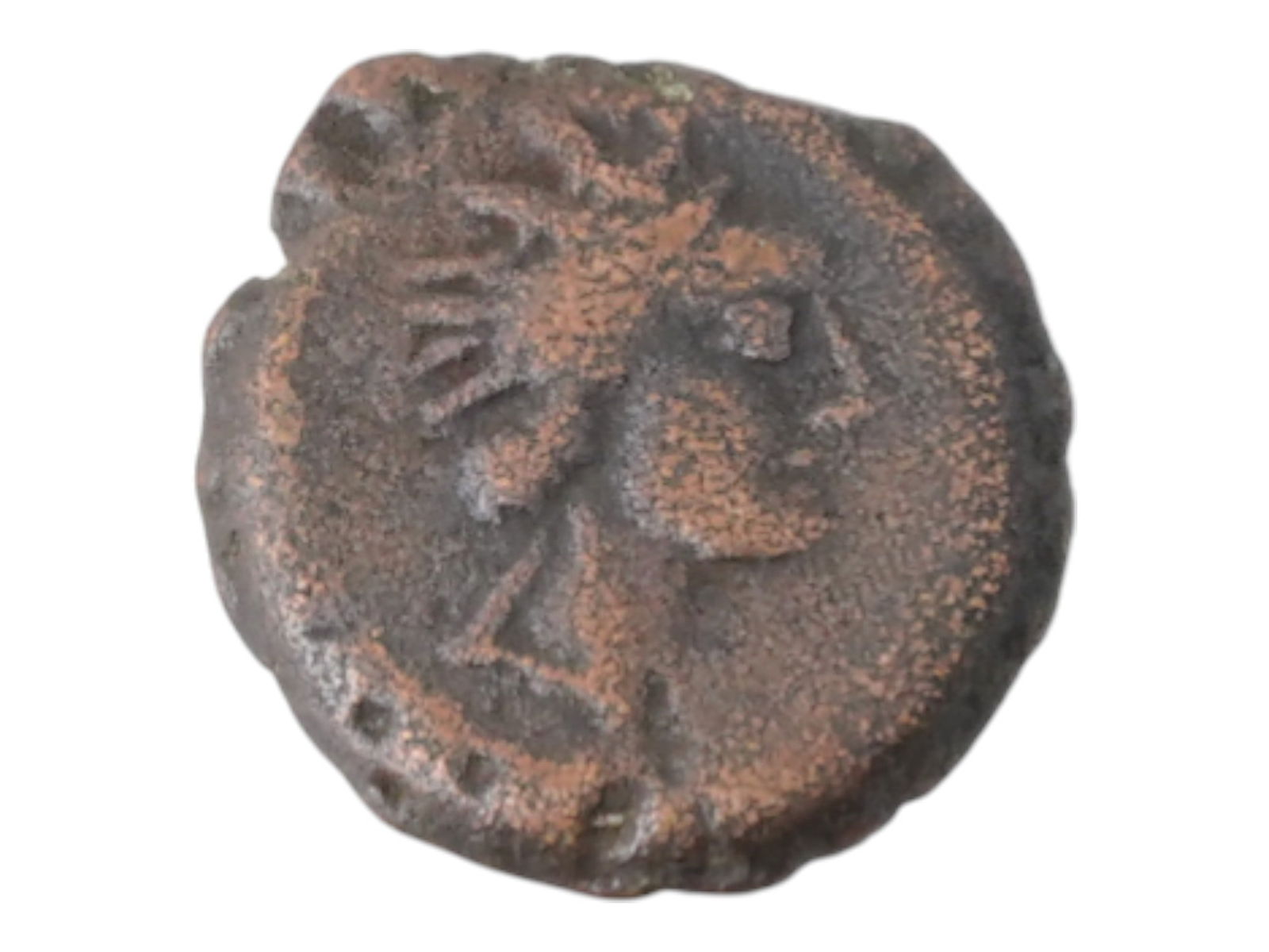 ANCIENT GREEK BRONZE COIN 400 TO 200 BC: An ancient Greek bronze coin adorned with the head of a female on front side. A standing figure with inscriptions on the reverse. Circa 400 to 200 BC. Historical Collectibles, Coins And Numismatics.