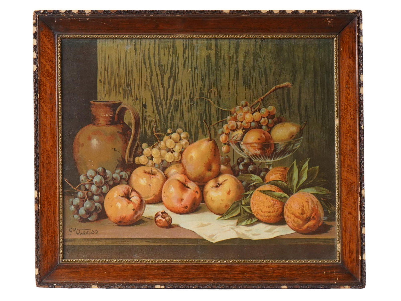 AFTER GIUSEPPE FALCHETTI ITALIAN STILL LIFE PRINT: After Giuseppe Falchetti, Italian, 1843 to 1918, color lithograph on canvas mounted to board. The artwork depicts a fruit still life. Signed in plate in the lower left. Framed. Giuseppe Falchetti is k