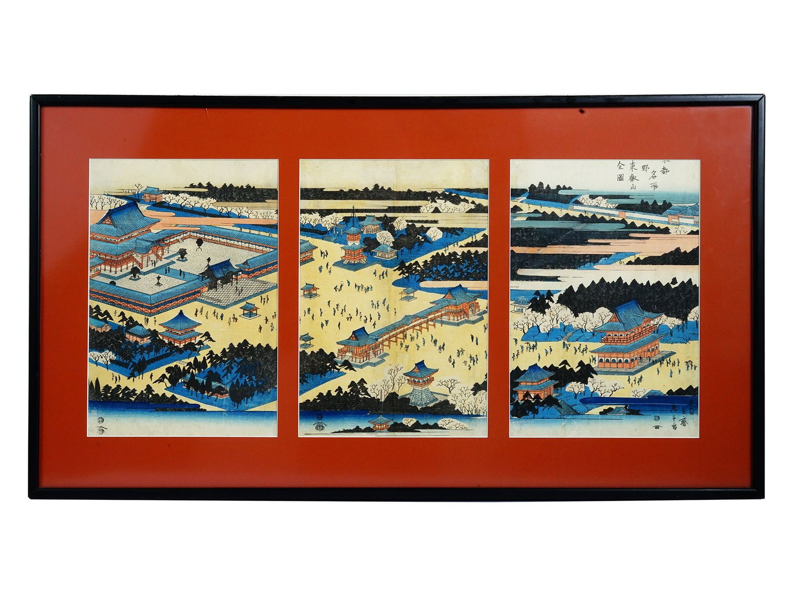 JAPANESE UKIYO E WOODBLOCK PRINT BY HIROSHIGE ANDO: Hiroshige Ando, Japanese, 1797 to 1858, a color woodblock print on paper, Complete View of the Toeizan Temple in Ueno from the Famous Places of the Eastern Capital series. Date: 1832 to 1834. Each is 