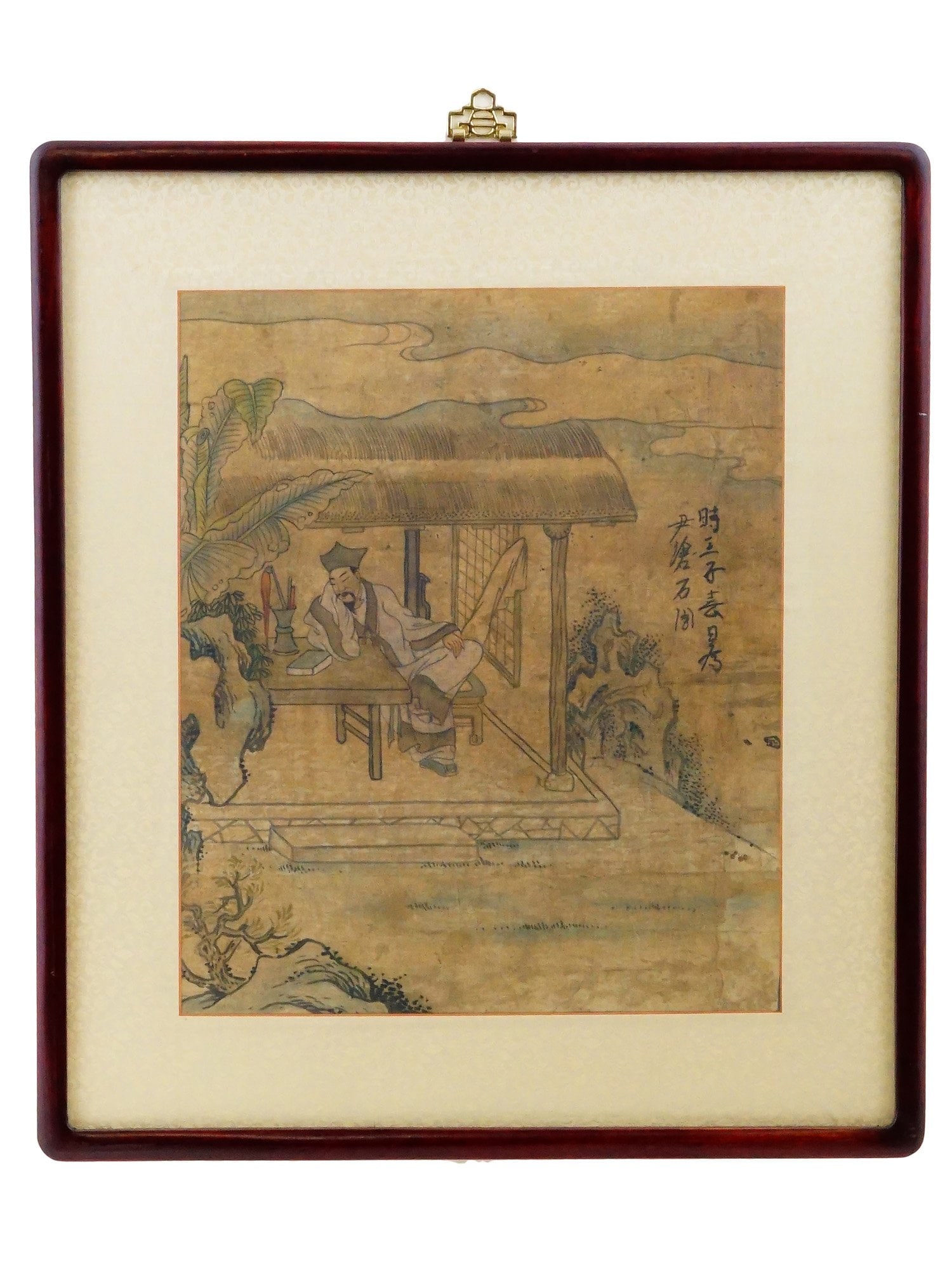 ANTIQUE CHINESE WOODBLOCK PRINT W GENRE SCENE: An antique Chinese woodblock print on paper depicting a genre scene with a pensive man in a gazebo against the backdrop of a mountain and water landscape. Inscribed with Calligraphy in the print, uppe