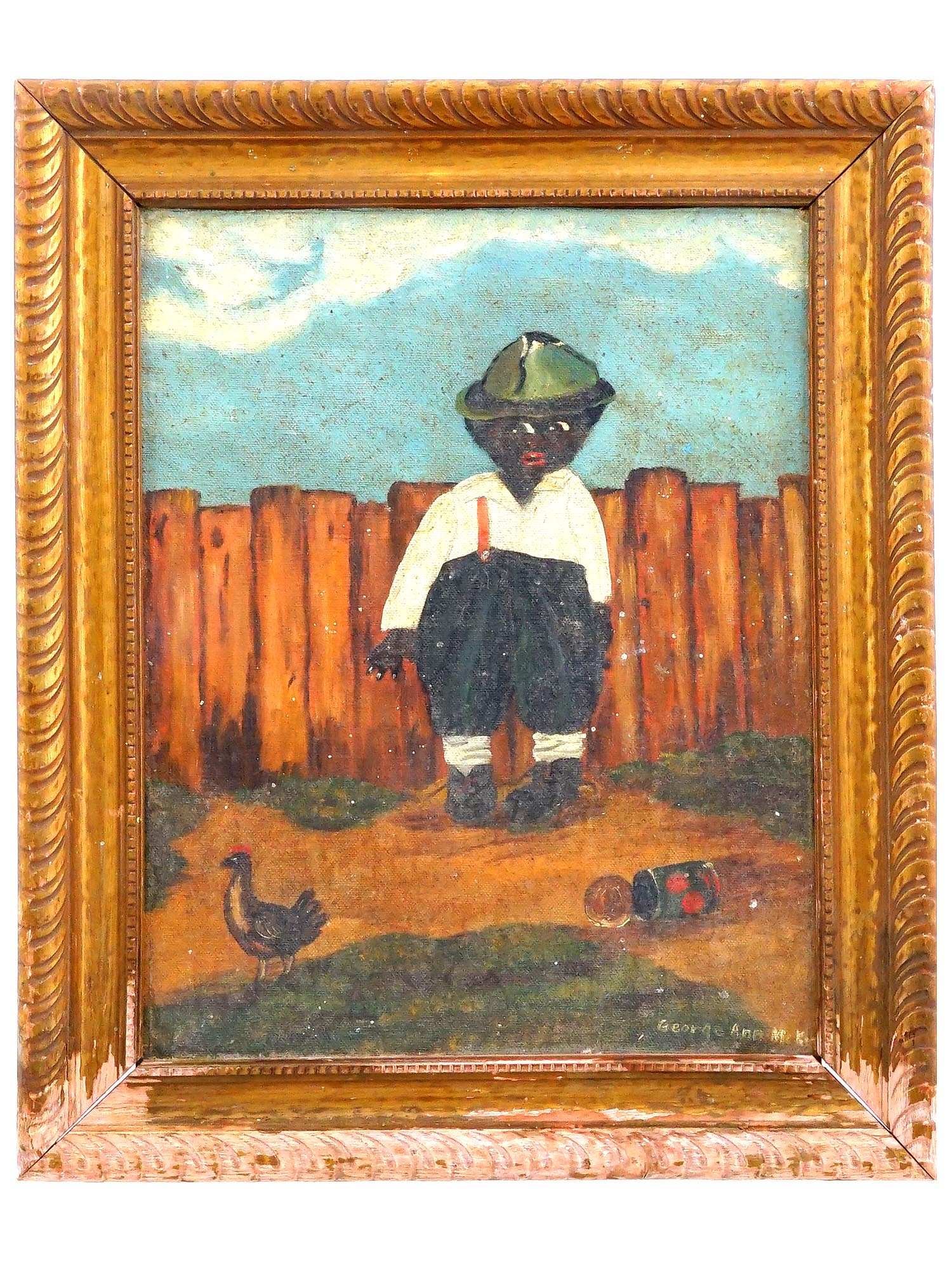 AFRO AMERICAN FOLK ART RURAL OIL PAINTING SIGNED: A Modern American School Folk Art oil painting on board depicting a rural scene with an African American boy and a chicken. Signed by the artist, probably George Anc, lower right. Framed. Circa: the f