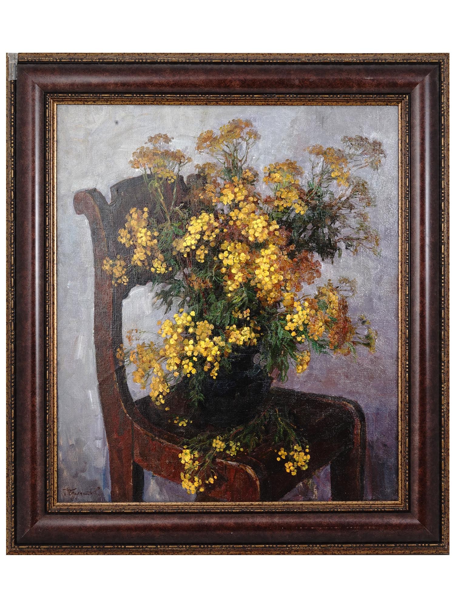 RUSSIAN STILL LIFE PAINTING BY NIKOLAY BURDASTOV: Oil on canvas painting by Nikolay Burdastov, 1946 to 2015, a Russian painter, titled Honored Artist of Russia in 2007. The artwork represents a still life with a tansy bouquet on a chair. Titled Tansy