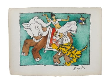 SIGNED MAQBOOL FIDA HUSAIN INDIAN WATERCOLOR PAINTING