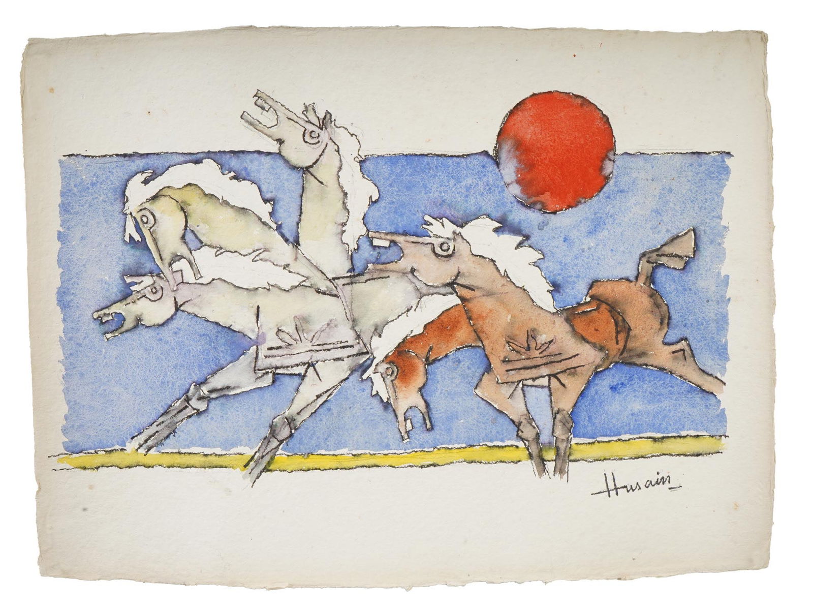 SIGNED MAQBOOL FIDA HUSAIN INDIAN WATERCOLOR PAINTING (1 of 4)