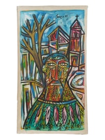 MID CENTURY INDIAN SCHOOL PAINTING SIGNED SOUZA 1985