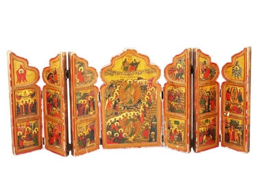 19TH CEN RUSSIAN ORTHODOX HEPTAPTYCH TRAVEL ICON